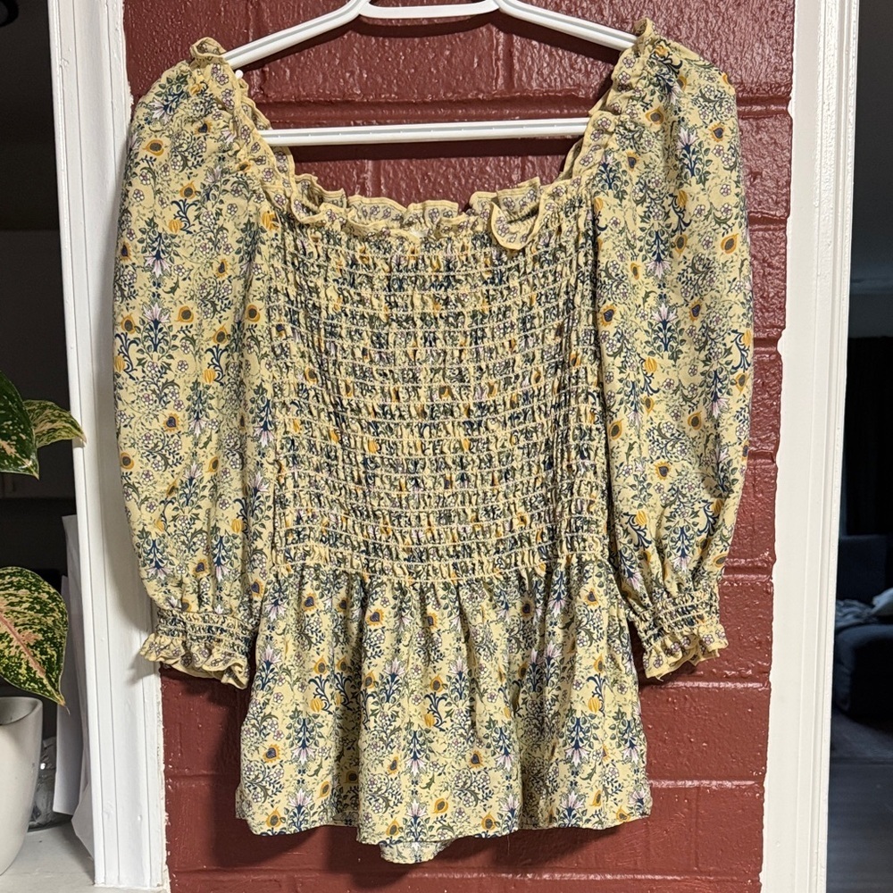 Max Studio Floral Smocked Square Neck Blouse in Yellow and Blue Medium